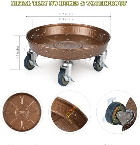 2 Pack Plant Caddy with Wheels, 12" Rolling Plant Stand 265 LBS Heavy Duty Metal Tray No Holes with Large Metal 360° Lockable Caster Wheels for Outdoor Indoor Large Plant Pots, Flower Pot, Patio - Image 4