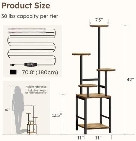 Homsorout Round Plant Stand Indoor with Grow Light, 5-Tiered Tall Plant Stand Indoor, Metal Plant Shelf with Adjustable Light, Ideal for Living Room, Garden, Patio (Black Brown) - Image 6
