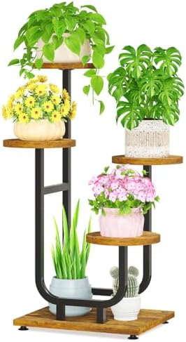LASZOLA Plant Stand Shelf Tall for Indoor Corner, 4 Tier Wood Brown by LASZOLA