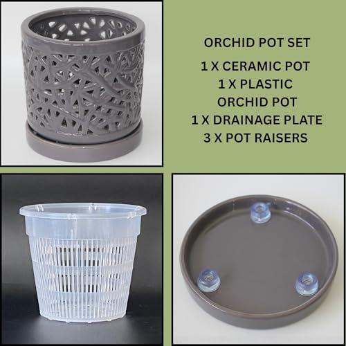 Gray Large Ceramic Orchid Pot with Holes, 6 Inches Wide, for Indoors or Outdoors with Woven String Cut Out Design, Orchid Planters, Orchid Gifts - Image 4