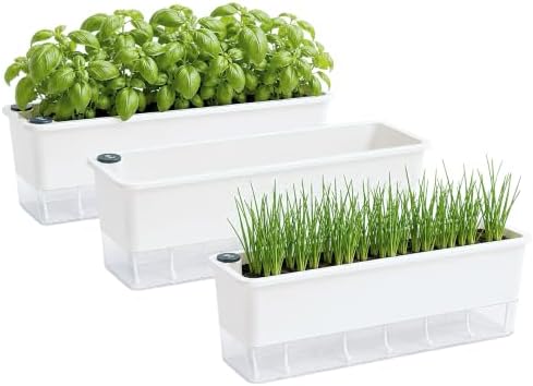 FAMZ Self Watering Pots for Indoor Plants, 3 Pack 17-Inch Long Rectangular Planter Boxes with Clear Reservoir for Herbs, Vegetables, Flowers and Succulents, White by FAMZ