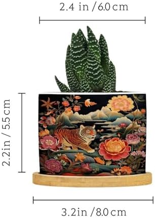 Animal Tiger Stripe Chinoiserie Planters Ceramic Orange and Coral Peony Flower Round Flower Pot with Drainage Holes and Bamboo Tray Pot for Home Office Desk Garden - Image 2