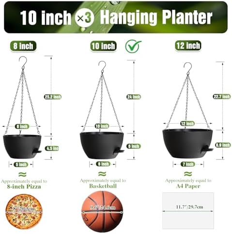 10 Inch Self-Watering Hanging Planters Set of 3 with Saucers - Image 4