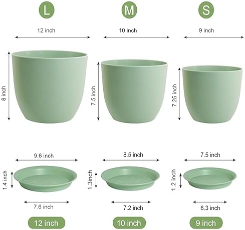 UOUZ 12/10/9 Large Modern Plant Pots, Plastic Planters with Drainage Holes and Saucers for Indoor Outdoor Plants Flowers, Green - Image 2