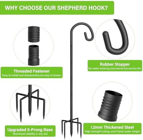 Shepherds Hook for Bird Feeder, 108" Heavy Duty Bird Feeder Pole with 5-Prong Base, Extra Thick Metal Shepherd Hook for Outdoor Hanging Plant Basket, Hummingbird Feeder, Solar Lantern, Black, 2 Pack - Image 3
