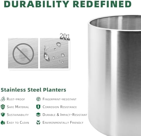 Longrun 9.8 Inch Dia Round Planter, Modern Indoor Outdoor Large Stainless Steel Plant Pot and Plant Caddy with Wheels for Home Patio Garden, Easy to Clean and Move - Image 3