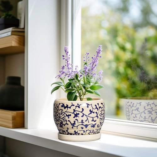 SQOWL Ceramic Flower Pots - 6 Inch Plant Pot Indoor with Drainage Hole and Saucer, Porcelain Ceramic Planter Outdoor, Decorative Round Small Planter, House Decor, Plant Lover Gifts, Blue and Beige - Image 2