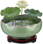 Ceramic Lotus Bowl Planter with Wood Tray, 7.8 in Green Water Lily Planter Pot, Hole Free Hydroponic Bowl, Ice Crack Glaze Flower Bowl for Lotus, Aquatic Plants, Bonsai, Desk Decor - Image 6