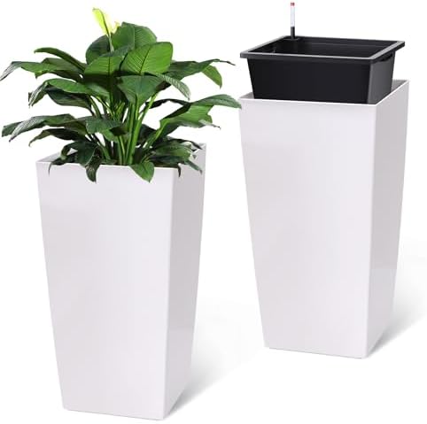 2 Pack 30 Inch Tall Diamond Planters, Modern Self-Watering Flower Pots with Water Level Indicator for Indoor & Outdoor Plants, Patio, Porch, & Home Décor, White by BouPower