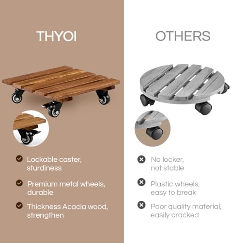 THYOI 2 Pack 12" Acacia Wood Plant Caddy with Lockable 360° Caster Wheels, 300 LB Heavy Duty Rolling Stand for Indoor Outdoor Planter Pots, Wooden Dolly for Patio (Brown, Square) - Image 4