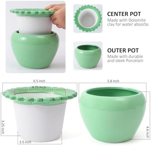2pcs African Violet Planter Pot - 6.5inch Self Watering Green Ceramic Pot with Creamic Reservoir - Image 2