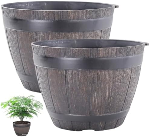 2PCS Barrel Planter 7.5 Inch Resin Large Pots for Plants with Drainage for Indoor Outdoor Garden Yard by Unknown