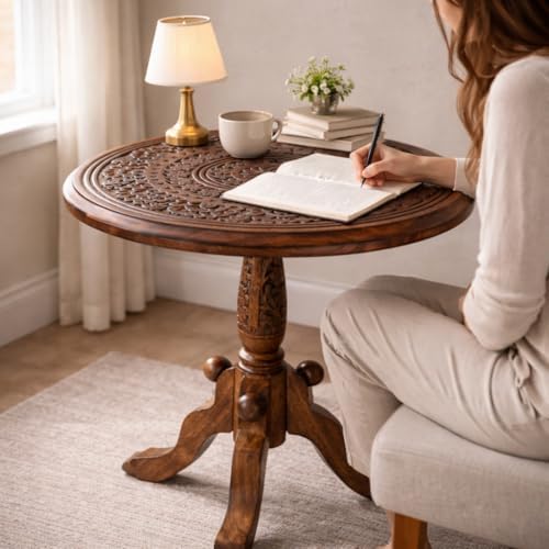 Handcrafted Carved Round Side Table – 18x21 Inch Coffee Table for Living Room | Solid Wood Accent End Table with Pedestal Base | Altar Table for Home Décor - Image 3
