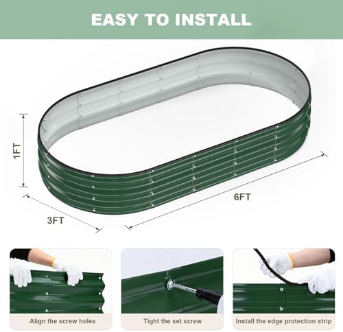 Raised Garden Bed, 6x3x1ft Galvanized Outdoor Planter Beds with Safety Edging and Gloves, Oval Metal Planter Box for Gardening Vegetables Flowers Herb-Deep Green - Image 6