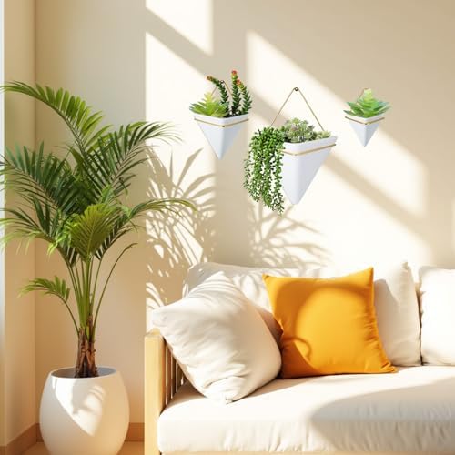 3 Sets Ceramic Wall Hanging Planters Indoor 3 Size Geometric Hanging Planters for Indoor Plants Self Watering Pots with Metal Holder for Air, Cactus, Faux Plants and Home Office Decor - Image 4