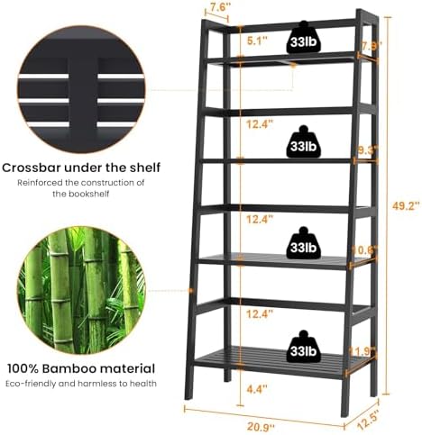 Homykic Black Ladder Shelf, 4-Tier Bamboo Bookshelf & Bookcase Organizer - Image 3