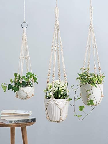 Mkono Macrame Plant Hangers Indoor 35"/29"/23" Hanging Planter Holder Set of 3 and Fake Hanging Plant with Pot Set of 1 - Image 4