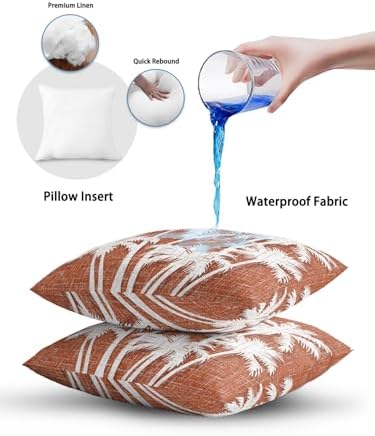Throw Pillows 18x18 Set of 2, Tropical Palm Tree Waterproof Outdoor Pillow Covers with Insert, Vintage Burnt Orange Botanical Plants Decorative Pillowcase Cushion for Patio, Garden, Couch, Sofa, Bed - Image 6