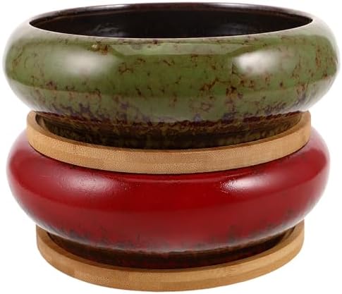 TOYANDONA Xmas 2pcs Vintage Ceramic Planter Pot with Tray, Round Shallow by TOYANDONA