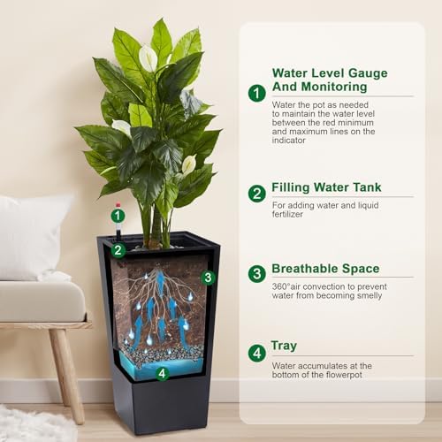 Patikuin 22.4" Tall Self-Watering Planters Set of 2, Black Modern Plant Pots with Water Level Monitor & Drainage Holes, Weather-Resistant Plastic for Indoor Outdoor Patio Porch Entryway - Image 5