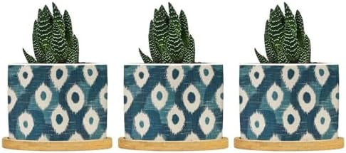 Blue and Ikat Bukhara Planter Ceramic Antique Ikat in Teal Round Plant Pots with Drainage Holes and Bamboo Tray Pot for Home Office Decoration by BRUYU5SE