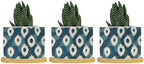Blue and Ikat Bukhara Planter Ceramic Antique Ikat in Teal Round Plant Pots with Drainage Holes and Bamboo Tray Pot for Home Office Decoration by BRUYU5SE