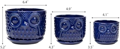 Ceramic Flower Pots, Ceramic Planters with Drainage Hole and Saucer, Modern Round Indoor Succulent Planters with Owl Design, Small to Medium-Sized, Set of 3, Navy Blue - Image 7