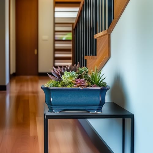 Bonsai Pots 11.6 Inch - Ceramic Succulent Pots with Drainage Hole, Rectangular Planter for Indoor Outdoor, Decorative Ceramic Flower Pot, Home Garden Room Decor, Plant Lover Gifts, Retro Blue - Image 5