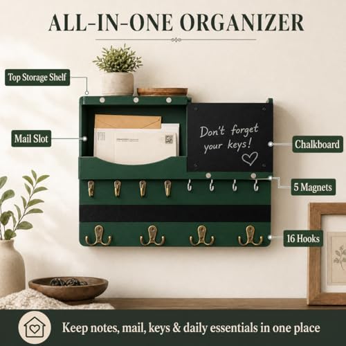 Key Holder Wall Mount with Shelf, Key Hooks for Wall, Green - Image 3