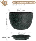 WSMKSZ 12 Inch Wide Water Ripples Flower Pots for Indoor or Outdoor Plants, Large Plant Pots with Drainage Holes & Saucer, Plastic Planters Set for Garden & Home Decor (Black with Green Speckles) - Image 2