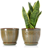 Sureasy 6.5 Inch Ceramic Plant Pots Set of 2, Green Embossed by Sureasy