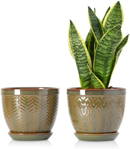 Sureasy 6.5 Inch Ceramic Plant Pots Set of 2, Green Embossed by Sureasy