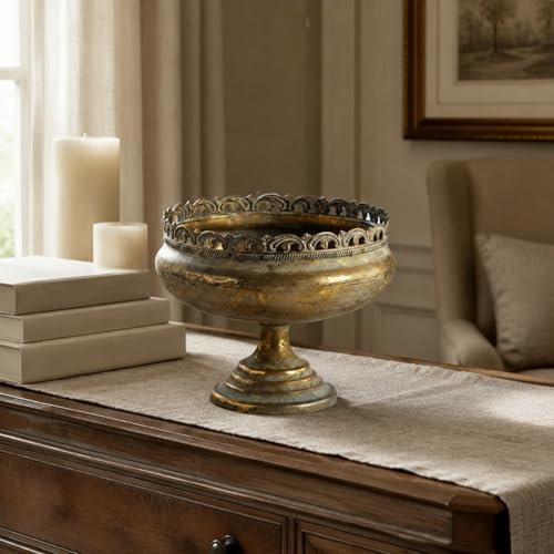 Pedestal Planter Iron Antique Pedestal Planter Distressed Finish Compote Vase for Decorative Display, Floral Arrangements, Tall - Image 2
