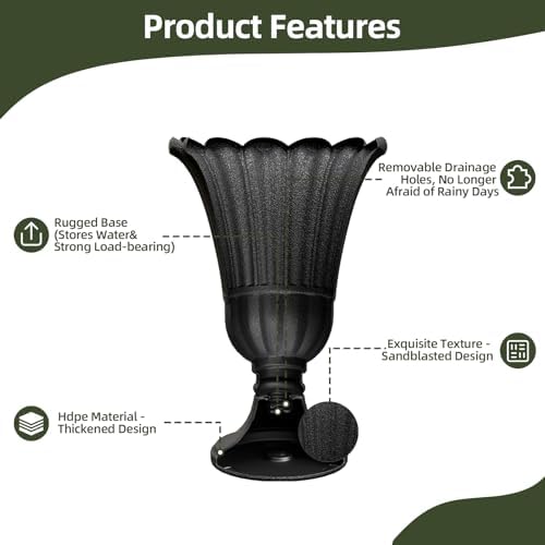 Tall Plastic Urn Planters for Outdoor Plants Set of 2-23.6" H Classic Petal Design Indoor Large Flower Pots with Drainage Holes, Outdoor Planters for Porch Decor/Garden Vase, Black - Image 4