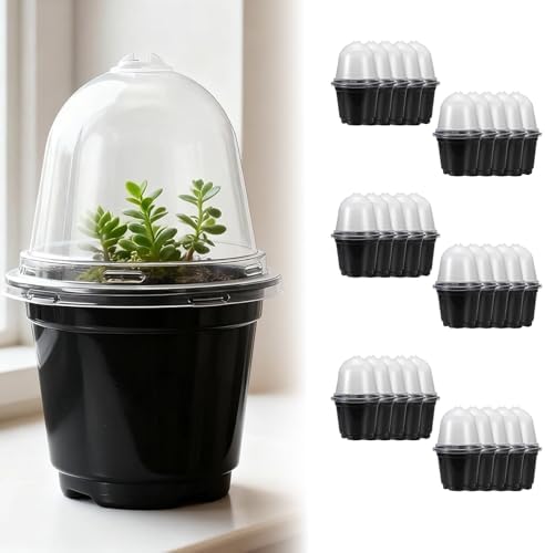 3.5/4/5” Nursery Pots with Humidity Dome, Square Seedling Pots Thickened Hardened with Tray, Plastic Seedling Containers for Indoor Outdoor Plant Germination(B,30PCS-5IN) by Unknown