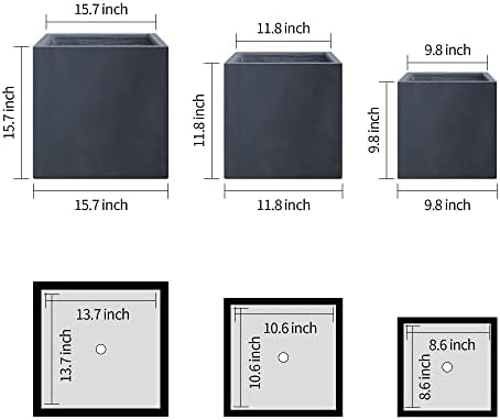 Kante 16",12",10" Square Concrete Planters Set of 3 for Outdoor Indoor Home Patio Garden, Large Plant Pot with Drainage Hole and Rubber Plug, Charcoal - Image 2