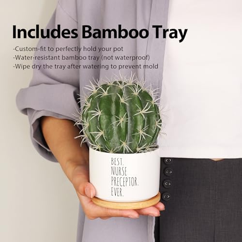 Best Nurse Preceptor Ever Nurse Gifts Ceramic Succulent Plant Pot with Bamboo Tray Round Nursing Student Assistant Nurse Home Office Decor Plant Lover 3.5 Inch White (No Plants) (Pack of 3) - Image 6