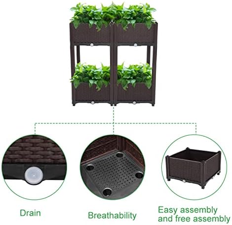 Outvita 4 Sets Raised Garden Bed with Legs, Square Elevated Planter Garden Box with Drainage Plug for Indoor Outdoor Planting Flowers Vegetables Tomato and Herbs(Brown) - Image 2
