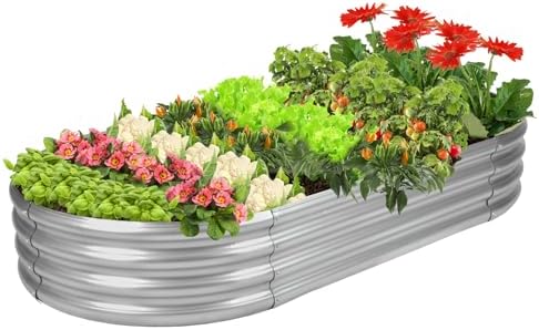Rakukiri Raised Garden Bed GRS Certified Galvanized Planter Box Outdoor, 8ft Oval Rot-Resistant Metal Garden Bed Planter, Recycled Material Planter for Vegetables Flowers Herbs (Silver) by RaisedGardenBed