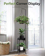 RINBOU 2Pcs Hanging Plant Stand Indoor Outdoor, Space-Saving Corner Metal Plant Shelf 3 Potted Flower Pot Stand, 2 Tier 61" Tall Modern Planter Holder for Patio Garden Balcony Living Room Bedroom - Image 6