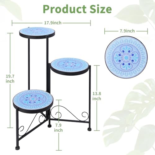 3 Tier Mosaic Corner Plant Stand Foldable Display Shelf Blue - Image 2