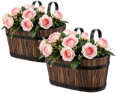 2-Pack Wooden Railing Planters, 13.2 inch Hanging Flower Pots with Detachable Hooks for Balcony, Fence, Deck, Garden, Country Home Decor -Carbonized by Unknown