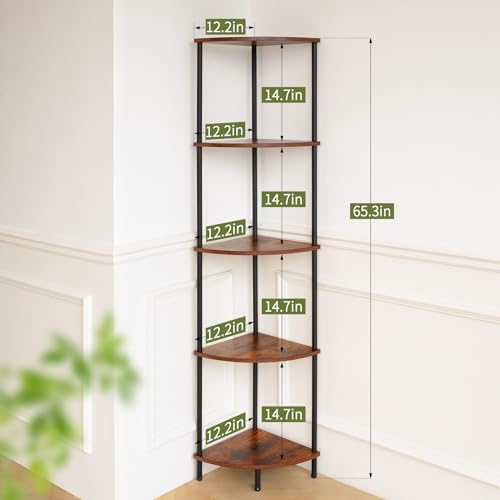 Yoobure Corner Shelf Stand, 5-Tier Bookshelf, 65" Tall Shelves for Bedroom, Living Room, Narrow Display Shelf Bookcase, Rustic Book Shelf with Display Shelves for Office - Image 2