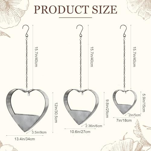 3 Pcs 3 Size Heart Metal Hanging Planter Indoor Outdoor, Silver - Image 2