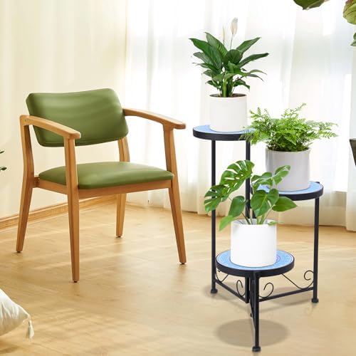 3 Tier Mosaic Corner Plant Stand Foldable Display Shelf Blue - Image 4