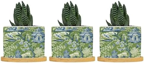 Garden Green Chinoiserie Planter Ceramic Asian Peacock Floral Round Flower Pot with Drainage Holes and Bamboo Tray Pot for Succulents Cactus Garden Windowsill by BRUYU5SE