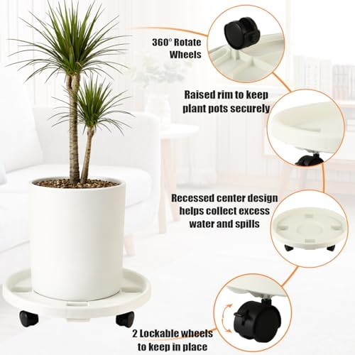 5-pack 11.8" Large Plant Caddy with Wheels Plastic Plant Dolly with Locking Caster Flower Pot Mover Rollers Wheeled Rolling Plant Stands Round Plant Saucer on Wheels Indoor Outdoor Base Coasters White - Image 2