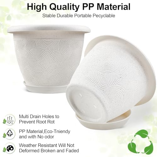 Plastic Flower Pots Planters For Indoor Plants, 4 Pack 12 Inch White Plant Pots With Drainage Hole & Tray, Modern Decorative Large Plant Pot With Saucer For Indoor Outdoor Plants Garden House Planter - Image 4
