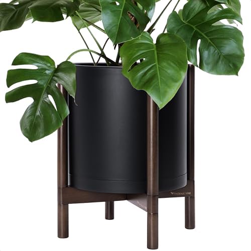 D'vine Dev Plastic Pot with Walnut Wood Stand, Black, 14 in, 55-C-R-2 by DvineDevPlanterPotsandStand