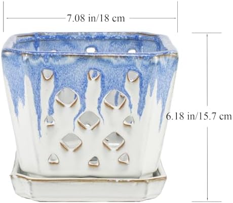W&W Orchid Pot with Holes and Saucer for Repotting and Better Grow, Blue and White, 7" - Image 6